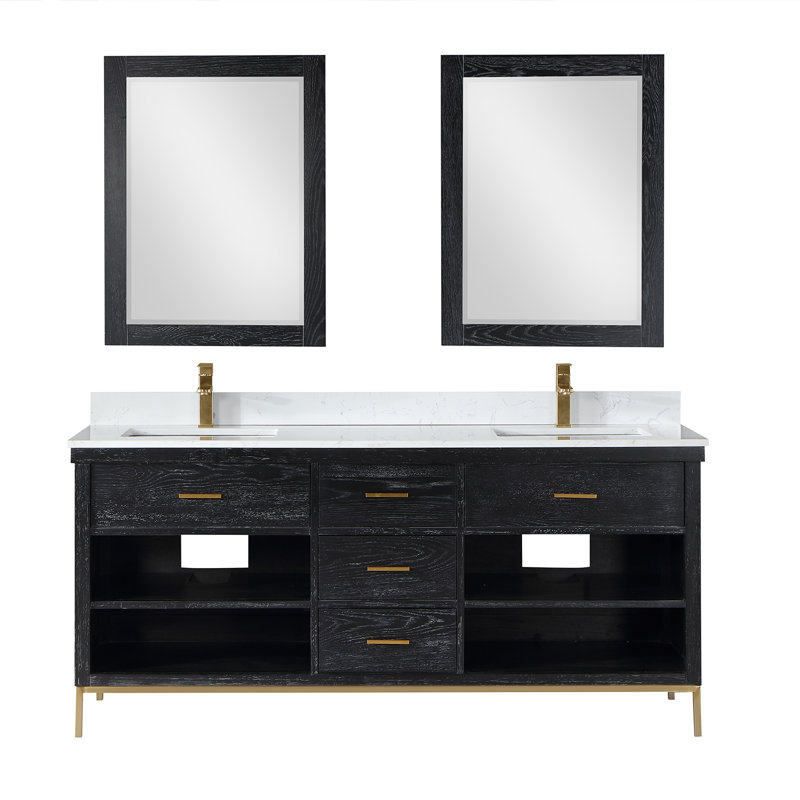 Kesia 72'' Double Bathroom Vanity with Cultured Marble Top, Black, Gold
