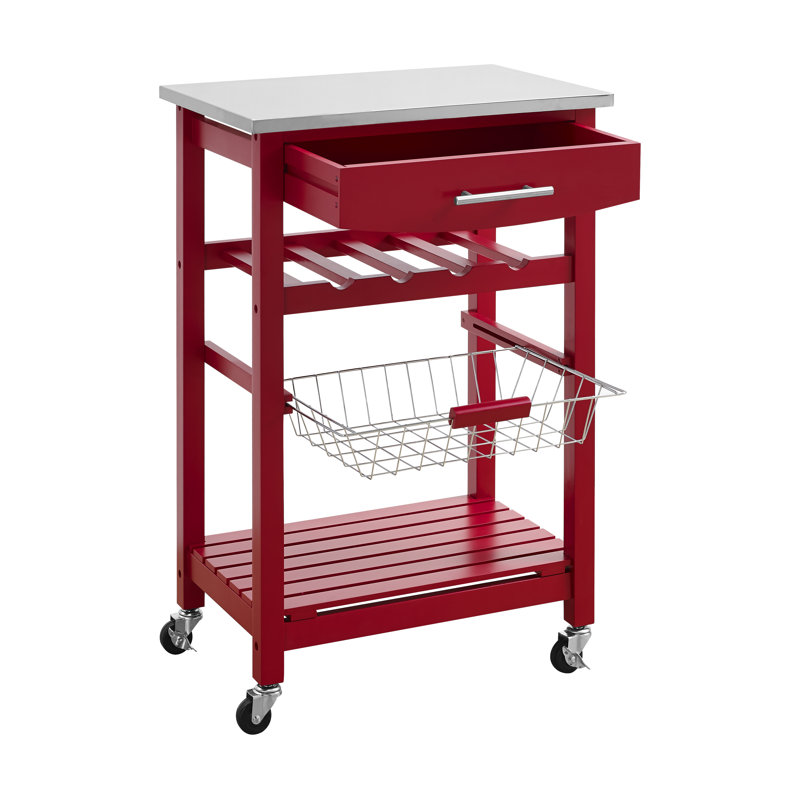 Macy Rolling Granite Kitchen Cart with Utility Drawer & Basket, Stainless Steel, Red