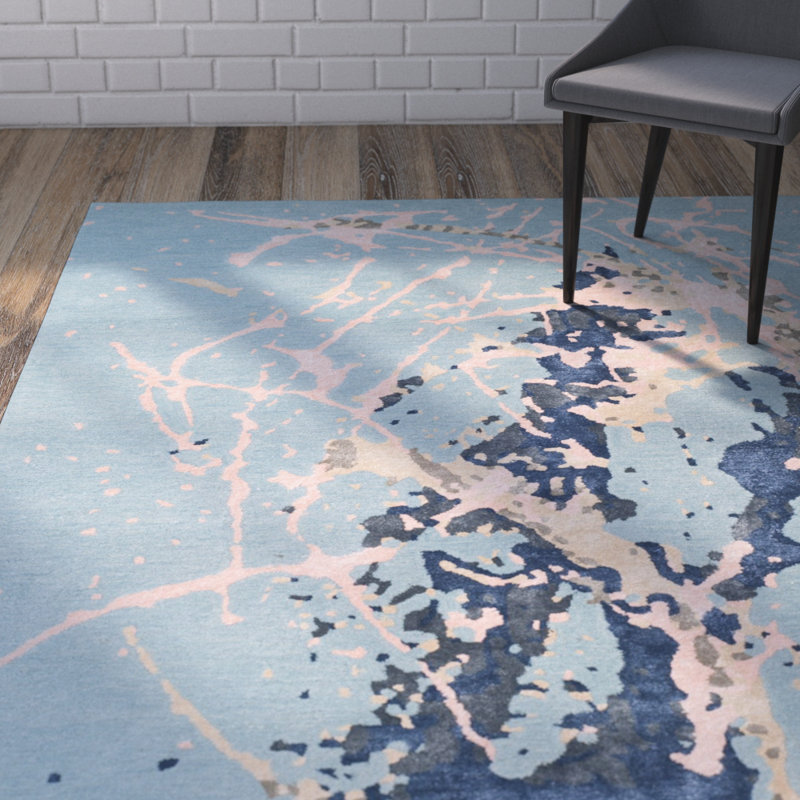 Tapis bleu / rose clair en laine touffeté à la main Amier, Rectangle 7 pi 6 po x 9 pi 6 po