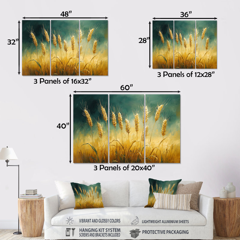 «Green Golden Wheat Fields II», ensemble d'art mural ferme, H 28 po x l 36 po x P 1 po, Métal métal