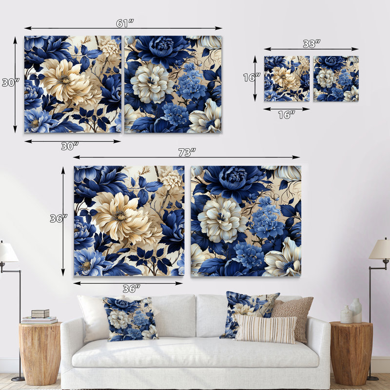 Victorien bleu cobalt feuillage victorien, H 16 po x l 33 po