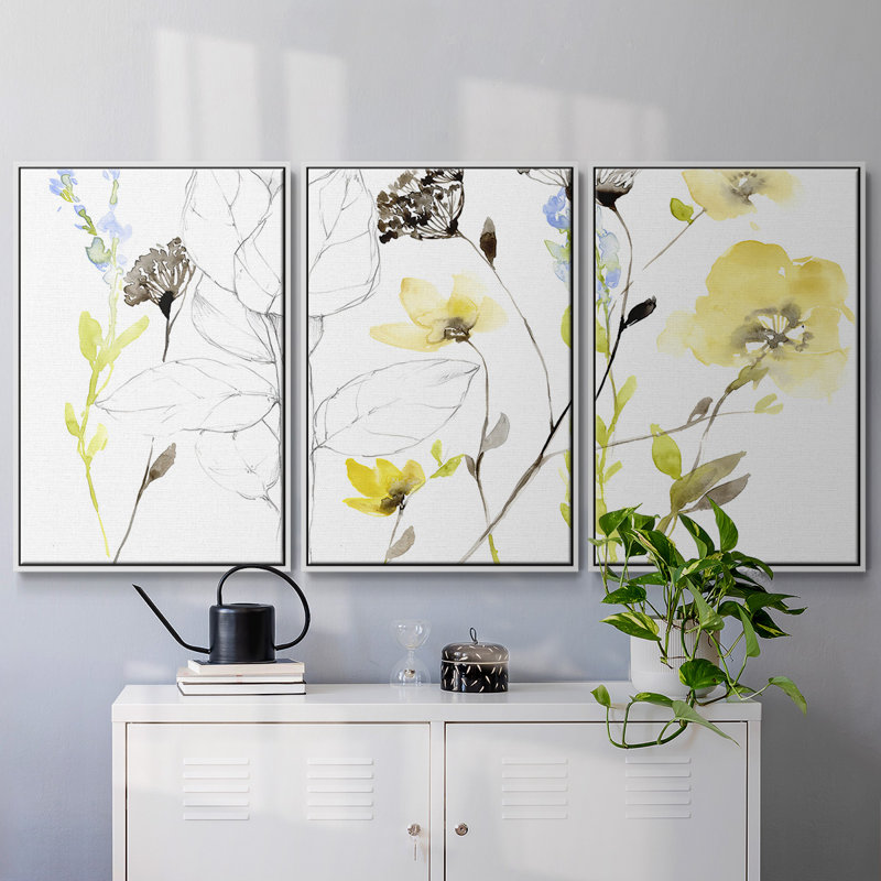 Fleurs sauvages et contour I - Toile encadrée multi-pièces, H 40 po x l 78 po x P 2 po, Blanc
