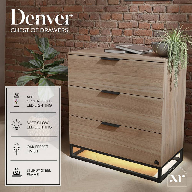 XR Living Denver Chest Of 3 Drawers With LED App Control Lights - Oak / Black