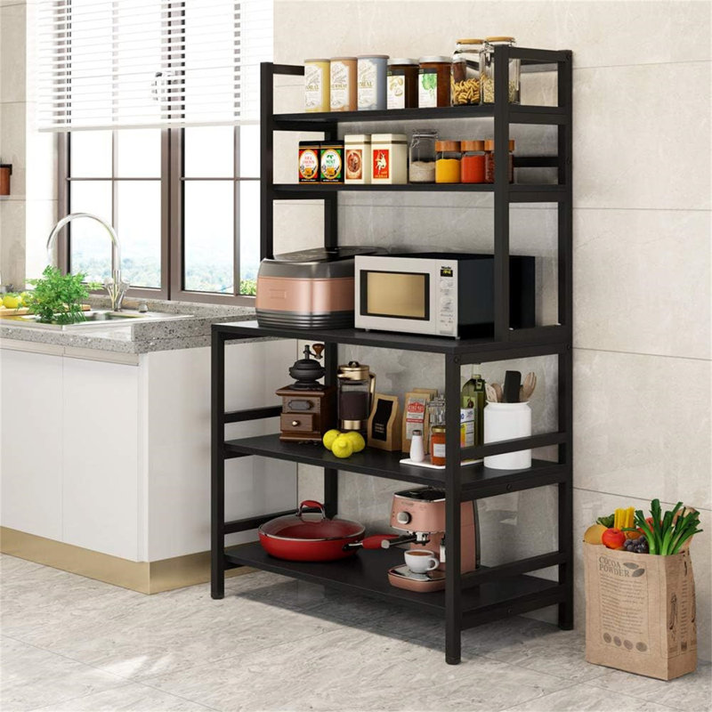 Versatile Kitchen Microwave Stand - Space Saving Spice Rack Organizer With Hutch Design, Noir