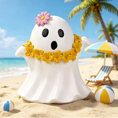 Cute Ghost Figurine With Flower Garland Tabletop Halloween Decoration 5 Inch White And Yellow Ghost Statue For Indoor Home Decor
