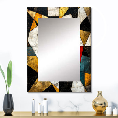«Black Yellow Fragment Abstract Shapes» III - miroir de formes abstraites, miroir mural décoratif noir, art imprimé en métal