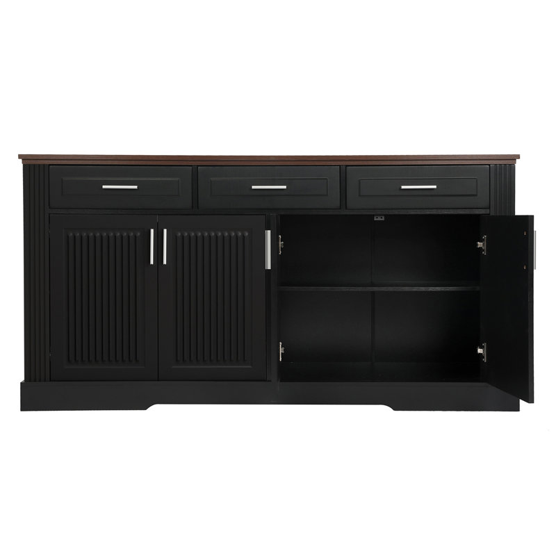 Modern 63" Fluted Sideboard Buffet Cabinet, Black Wood Storage For Kitchen, Dining Room, Entryway - Stylish Detailing, Ample Storage, Smooth Drawer Slides Black, Versatile Use, Metal Handles,