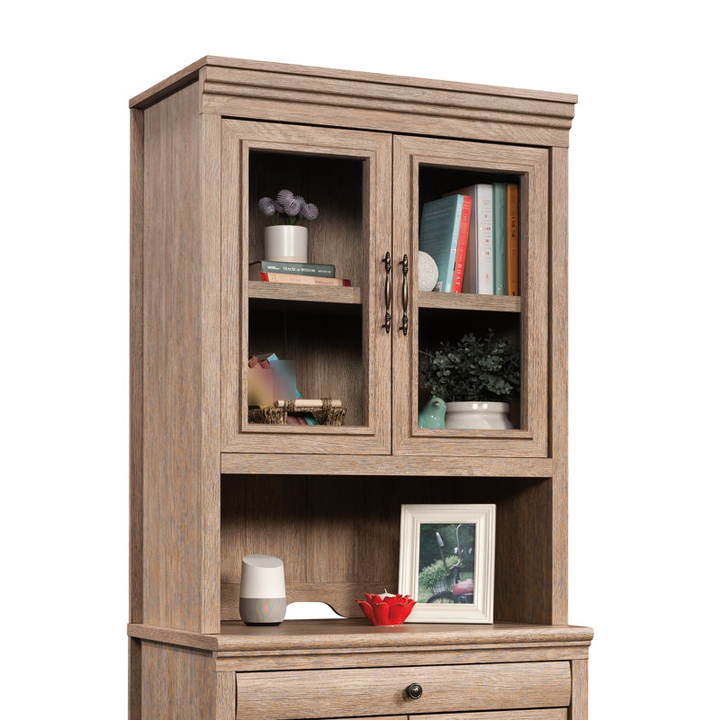 Pour bureau, finition brune, style, bois d'ingénierie, tablette réglable derrière le verre trempé encadré, gestion des câbles, profondeur de 31,89 po, largeur de 17,77 po, hauteur de 42,55 po, poids de 76,3 lb
