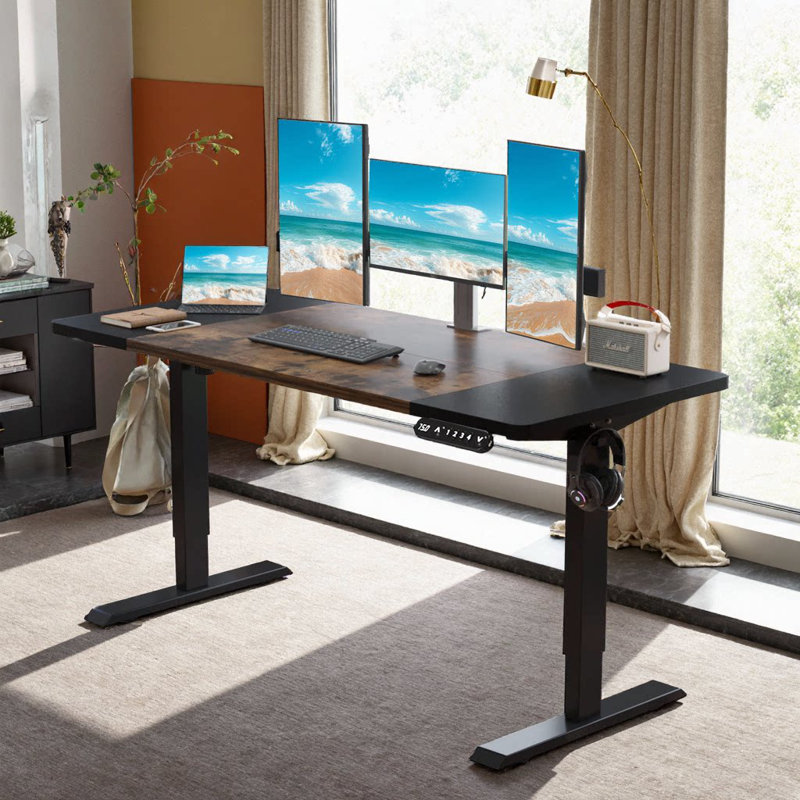 Height Adjustable Electric Standing Desk With Splice Board, 4 Memory Presets, Anti-Collision, Brun rustique