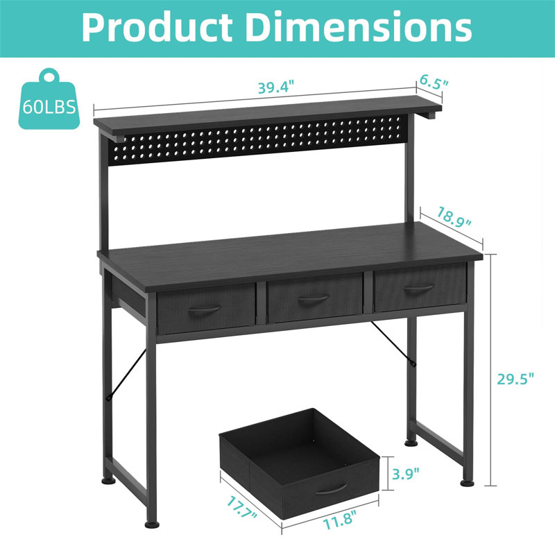 Metal Base Computer Desk with Power Outlet, Black