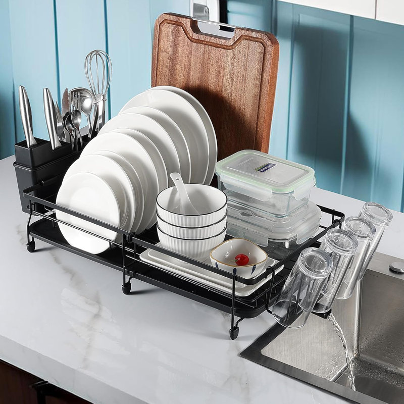Adjustable Dish Drying Rack With Drainboard, Cutlery Holders, And Expandable Design