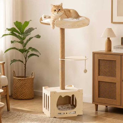 Cat Tree Tower with Cat Cave and Perch, 45.9" Solid Wood Cat Condo with Sisal Scratching Post