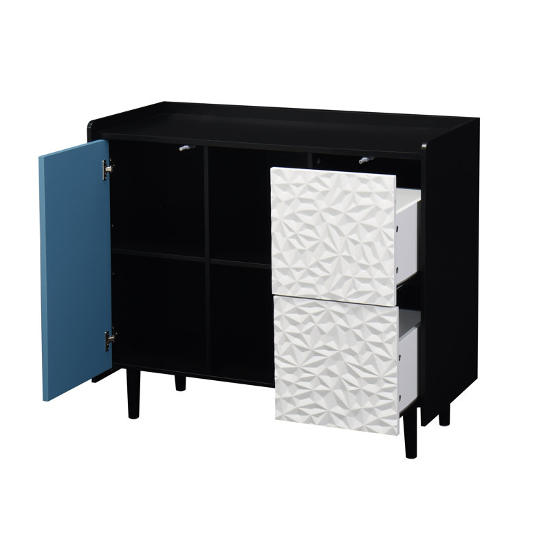 Buffet moderne avec buffet, porte, 2 tiroirs et 2 rangements ouverts, Noir / Bleu, H 31,49 po x l 15,74 po x P 35,43 po