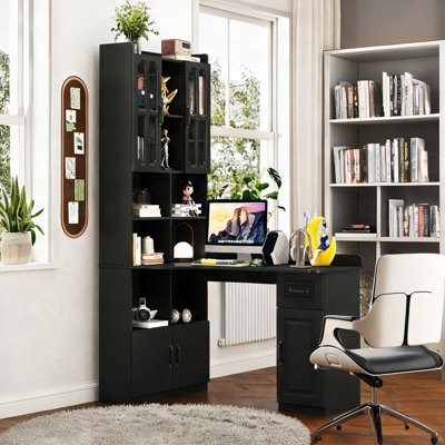 Bureau d'ordinateur en L 42 pouces avec tiroirs en panneau de particules noir élégant et panneau de fibres à densité moyenne