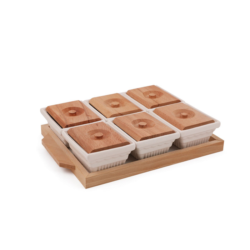 Elegant 7-Piece Bowl Set with Wooden Tray, 12.6 x 8.7 x 2.8 inches | 100% Porcelain, Perfect for Serving & Entertaining | Not Dishwasher or Microwave Safe, Ideal for Stylish Home Dining & Gatherings