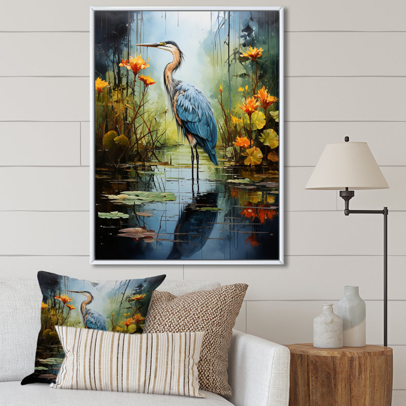 Décoration murale Lason Heron Silent Waters Pointillism I - Heron, H 40 po x l 30 po x P 1,5 po, Cadre flottant blanc