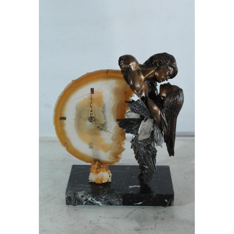 Sculpture horloge ange avec agate NIFao par Vidal Espagne 10 po x 5 po x H 12 po