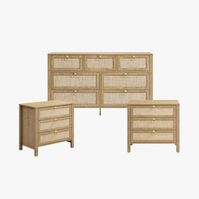 Boho Rattan 3 Piece Bedroom Set, 7-Drawer Dresser And 3-Drawer Nightstands
