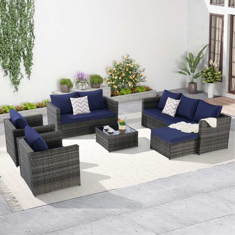 6 Piece Outdoor Conversation Set, Patio Sectional Sofa Set With Cushions And Glass Table, Dark Blue