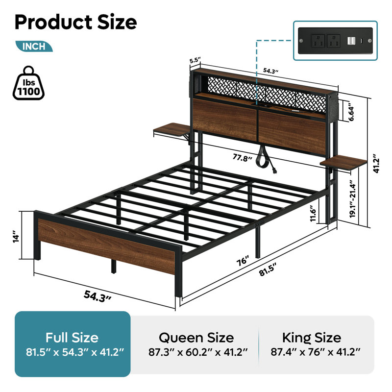 Full Size Walnut Metal Bed Frame with LED Storage Headboard