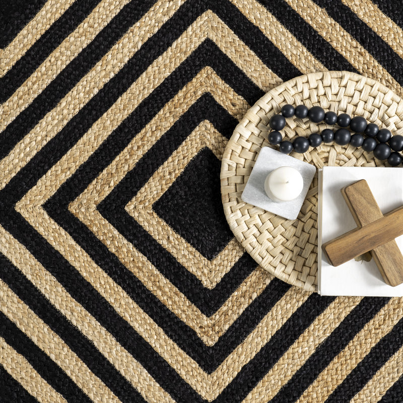 Black and Beige Jute Rectangular Trellis Area Rug, 9' x 12'