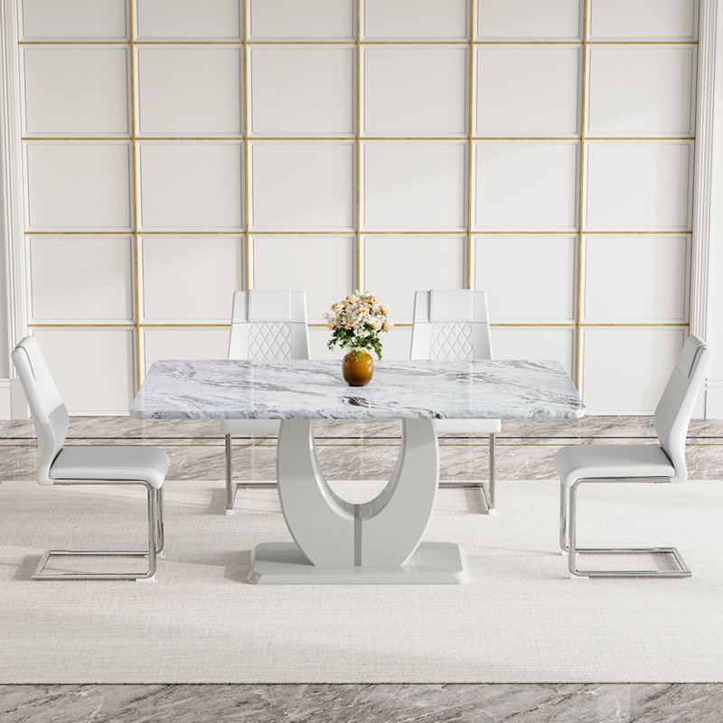  Ensemble de table de salle à manger 63 po en bois, gris rectangulaire pour 4/6 personnes avec chaises en cuir, 5, Blanc