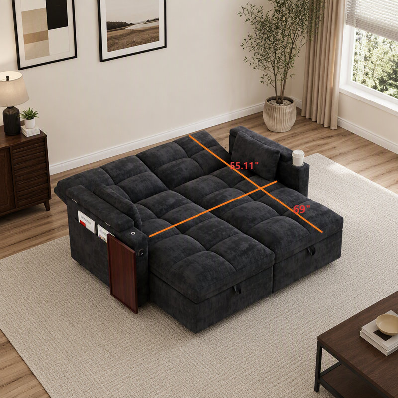 Canapé-lit modulaire de 66,33 po avec méridienne de rangement double, dossier réglable à 5 positions, port USB, plateau latéral pliable et porte-gobelet, canapé-lit modulaire convertible en chenille pour le salon en appartement, D