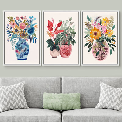 Flower Blossom Flowers in the Vase Colorful Floral Botanical, Modern Boho Assorted Bouquets Wall Pictures, Giclee Canvas Digital Print Framed Wall Art