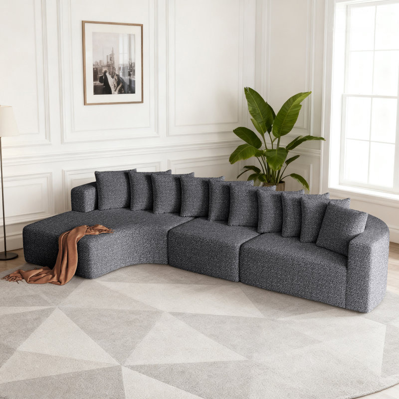 Canapé modulaire rembourré en forme de L de 132 po avec design incurvé, Gris chenille