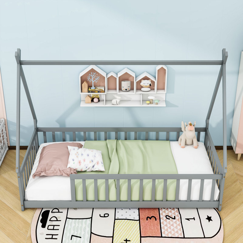 Twin Wood Tent-Shaped Teepee Bed With Guardrails, Gray