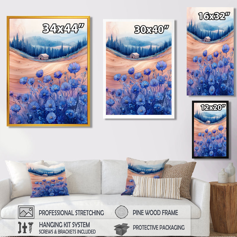 «Cornflowers Garden At The Barn On Slide III», reproduction d'art sur toile florale, H 20 po x l 12 po, Doré