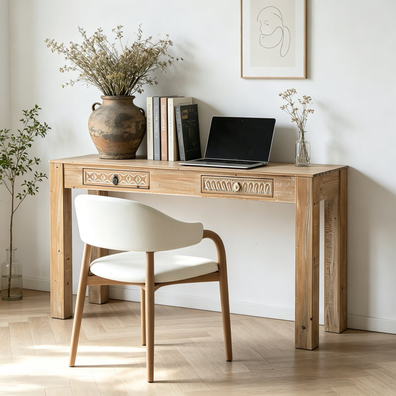 Bureau sculpté et vieilli en sapin massif, 30.7" H x 55.12" W x 15.75" D