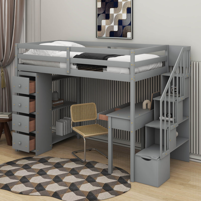 Lit mezzanine simple avec tiroirs de rangement, bureau et escalier, Gris