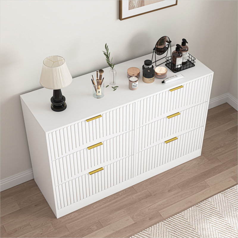 Commode moderne à motif ondulé avec 6 tiroirs spacieux en panneau de particules blanc pur, rangement polyvalent pour la chambre à coucher et les espaces de vie
