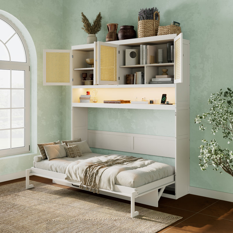 Twin Size Murphy Bed with Top Cabinet,Space Saving Foldable Bed with Light & USB,White, Blanc