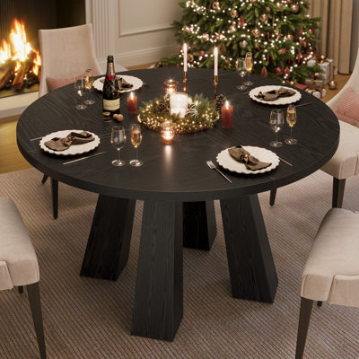 Table de salle à manger ronde pour 4-6, table de cuisine en bois de 47 po avec base robuste, table de salle à manger de style campagnard circulaire, appartement, 4 pieds robustes, noir (table seulement)