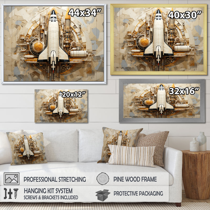 Navette spatiale rétro voyage cosmique, H 30 po x l 40 po x P 1,5 po, Cadre simple noir