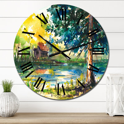 Landscape With Blue Tree By The Waterside - Country wall clock