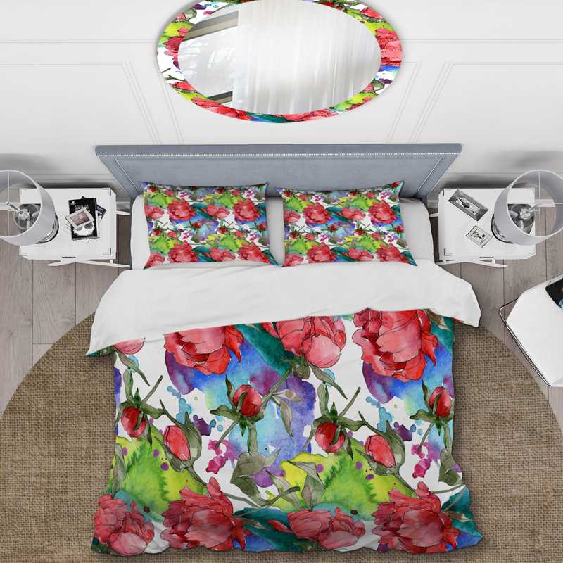 Ensemble de housse de couette multicolore pivoines rose, Housse de couette pour très grand lit et 2 très