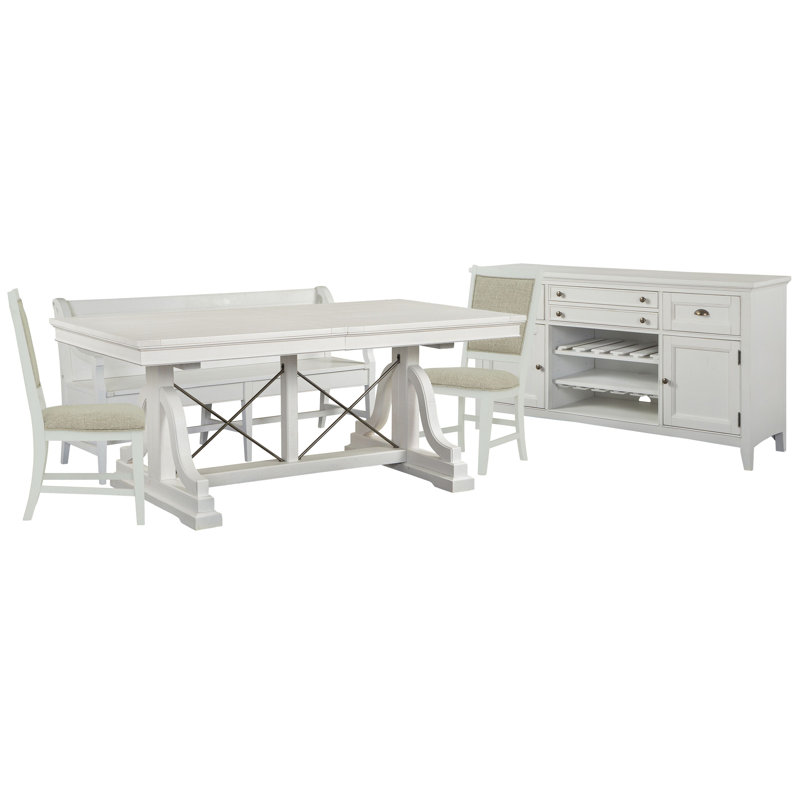 Duccio Extendable Trestle Dining Table With 2 Upholstered Side Chairs Bench And Buffet