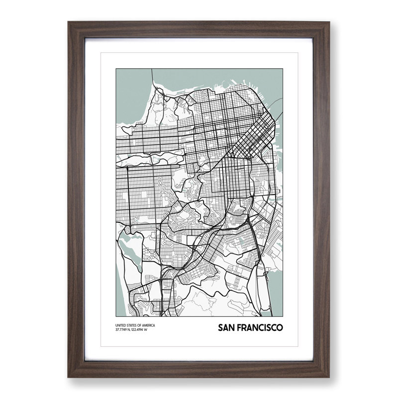 Map San Francisco USA - Picture Frame Graphic Art, 36cm H x 27cm W x 2cm D, Walnut