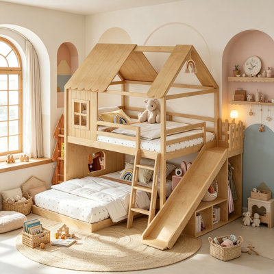 Kids House Bunk Bed with Slide and Storage Shelves for Siblings , Wood Low Bunk Bed with Wardrobe and Window for Boys Girls, Twin Over Full Size, Natural