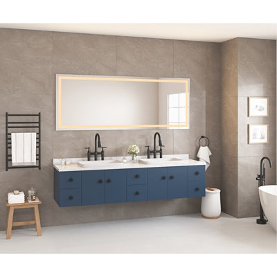Miroir de salle de bain mural 72 "x 32" avec façade et rétroéclairage, brouillard, mémoire, 3 couleurs, gradation continue, verre haute définition, cadre en aluminium blanc, température de couleur idéale du meuble