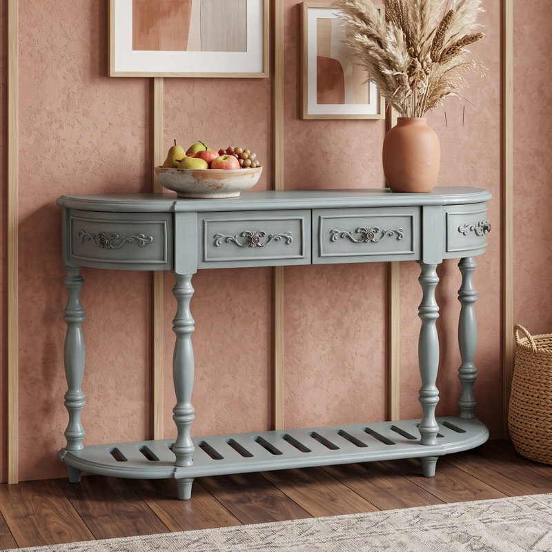 Console en bois courbé avec 4 tiroirs et 1 tablette, Bleu antique