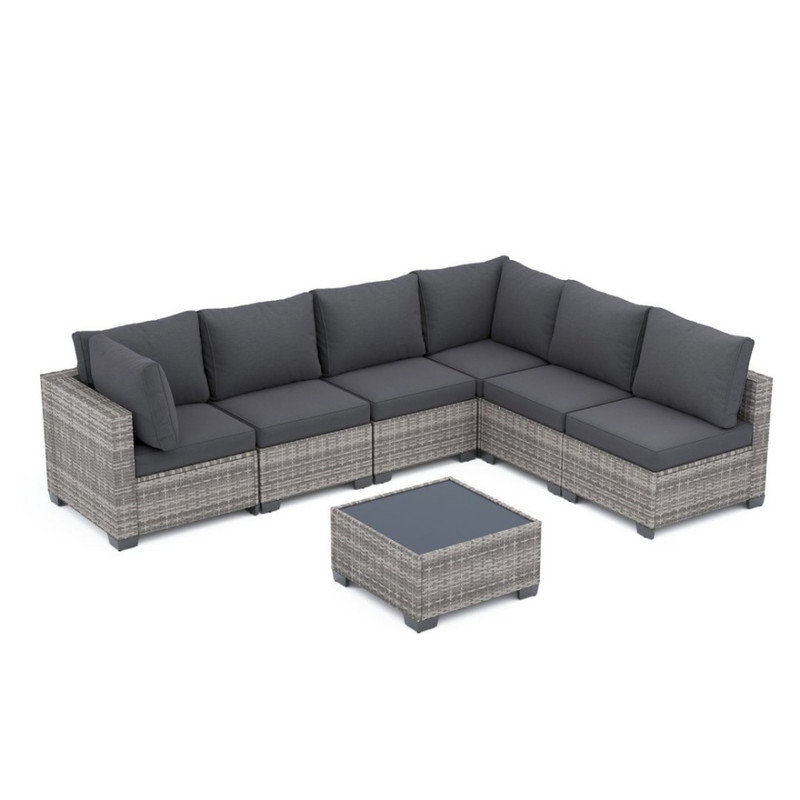 Ensemble de canapé modulaire en rotin gris et gris foncé 7 pièces, canapé d'extérieur avec coussins épais et table en verre