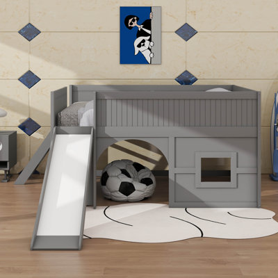 Low Loft Bed With Storage Shelves And Slide, Solid Wood Loft Bed Frame With Door And Window Design