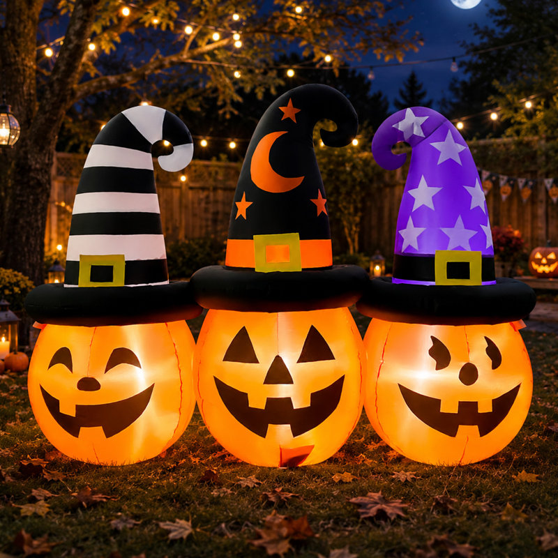  Triple citrouille gonflable illuminée d'Halloween de 6 pi avec chapeaux de sorcière distincts
