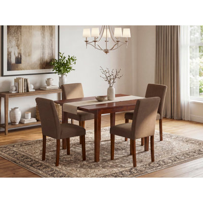 5 Piece Dining Table Set for 4 Includes a Rectangle Kitchen Table with Butterfly Leaf and 4 Coffee Linen Fabric Parson Dining Chairs, Mahogany