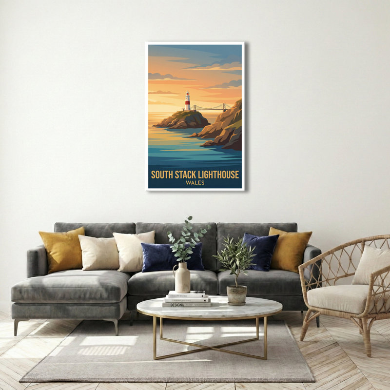 South Stack Lighthouse, Wales - Romantic Coastal Travel Poster Of Dramatic Cliffs. Giclee Print On Wrapped Canvas. Wall Art, Home Decor - Coastal & Maritime, Wales - Wrapped Canvas Print