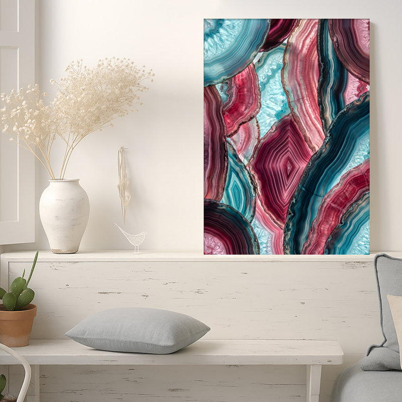 «Pink and Teal Agate Slice Layers», art mural, H 18 po x l 12 po